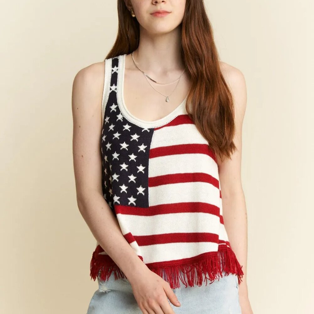 Jade By Jane Full Size American Flag‎ Fringe Tank Top Plus Size